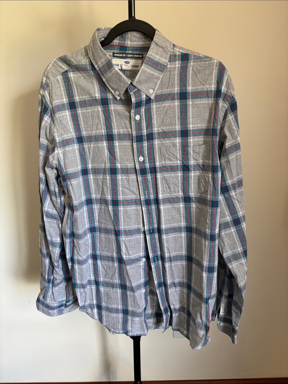 Old Navy Gray Plaid Button-Up Shirt with Blue and Red Stripes